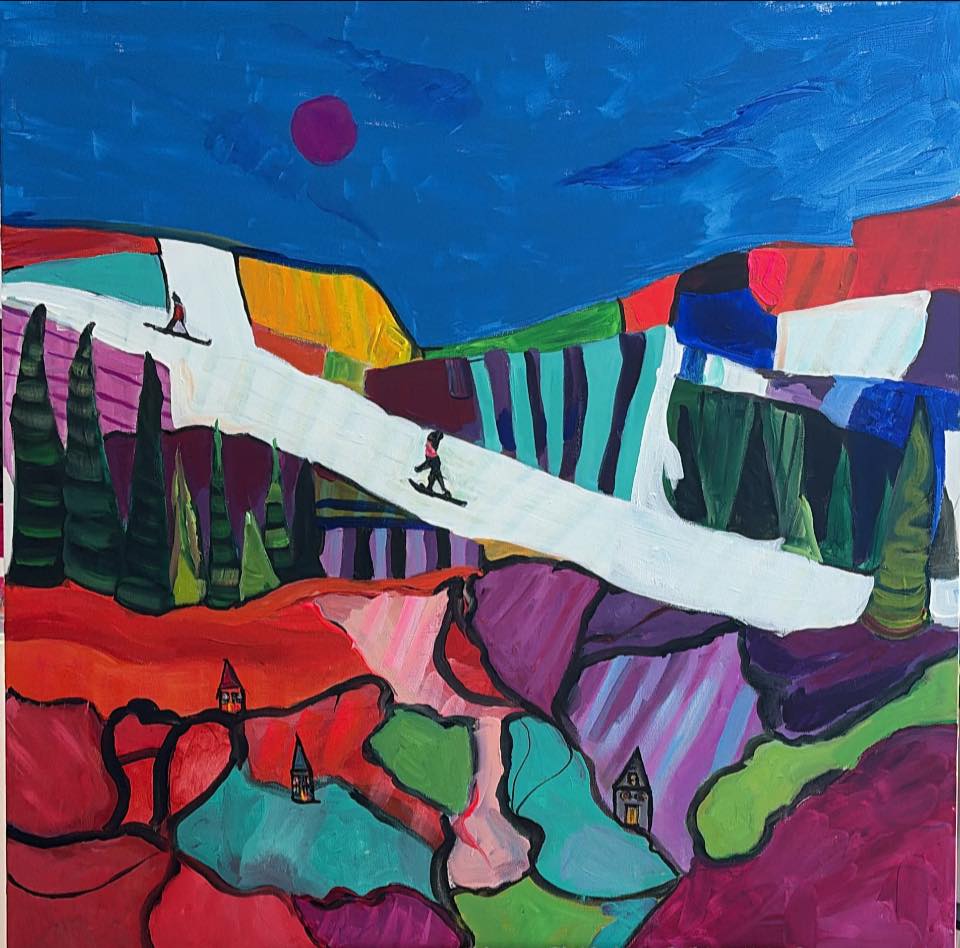 Vibrant abstract ski painting featuring a bright white slope with two skiers, surrounded by a patchwork landscape of bold pinks, purples, and teals under a deep blue sky with a magenta sun.