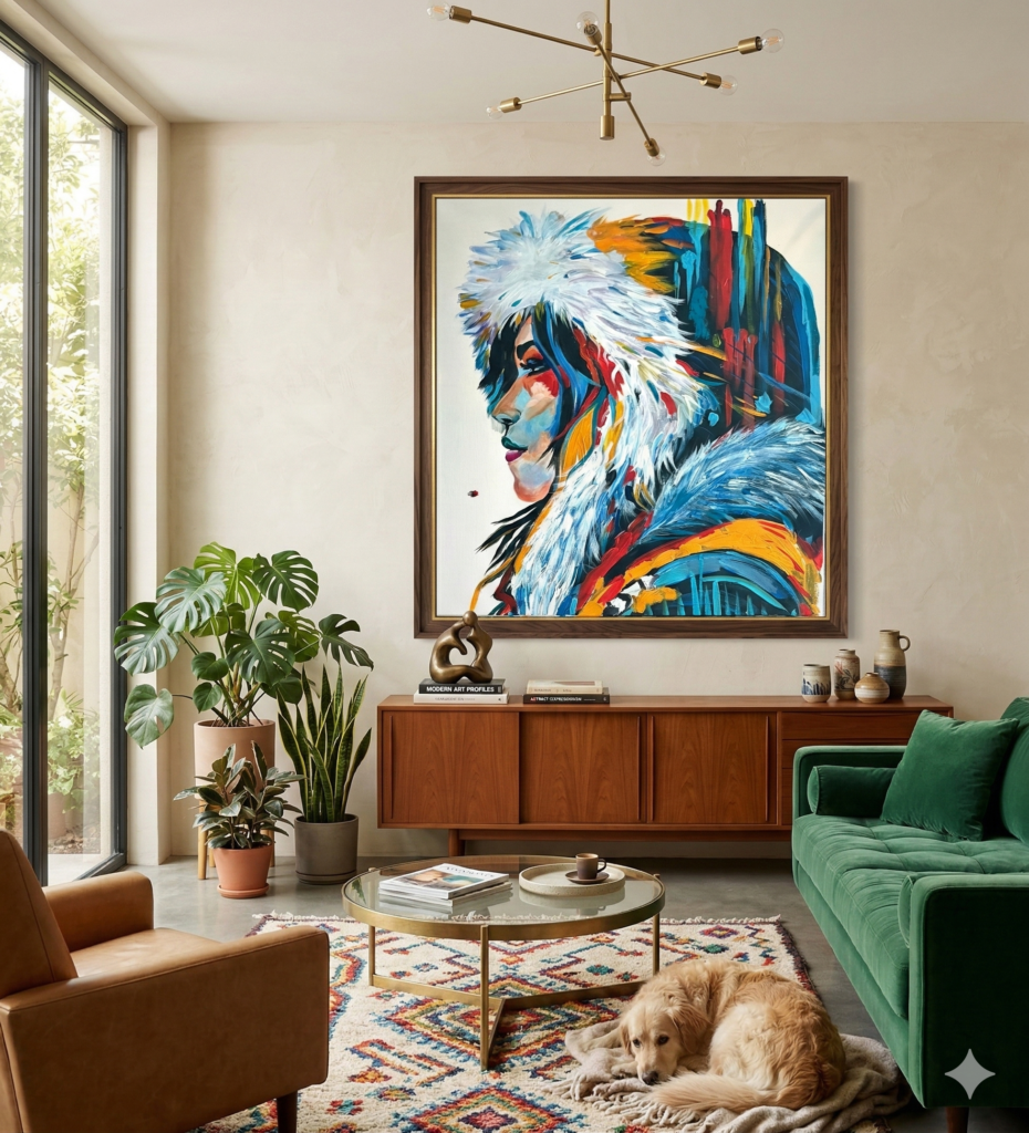 Expressive large-format acrylic portrait of a woman in profile wearing a white feather headdress and fur collar with bold brushstrokes in teal, gold, red and blue, displayed in a modern eclectic living room, by Canadian artist Monique Paré
