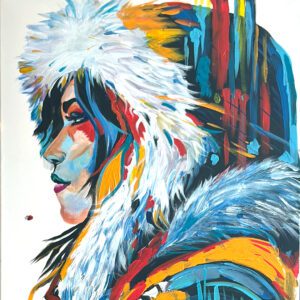 Original acrylic painting by Monique Paré depicting a woman in profile wearing a white fur parka with vibrant blue, yellow, and red abstract brushstrokes.