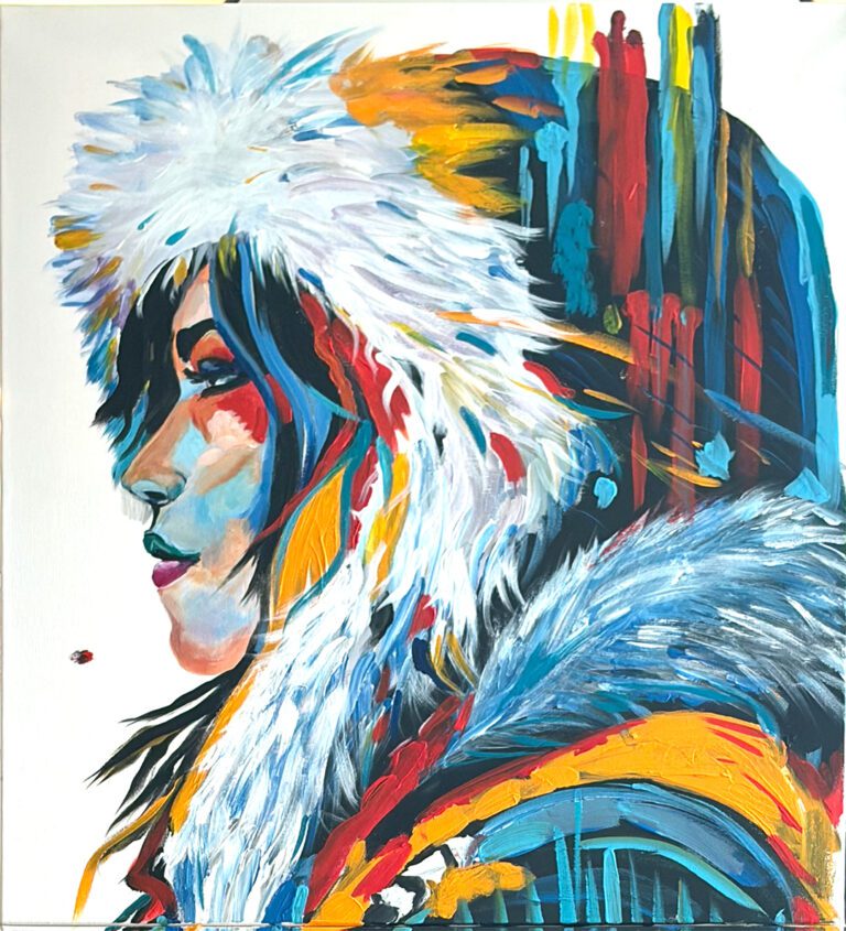 Original acrylic painting by Monique Paré depicting a woman in profile wearing a white fur parka with vibrant blue, yellow, and red abstract brushstrokes.