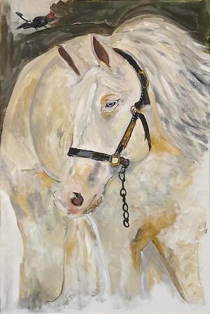 Original animal portrait acrylic painting of a white horse with a black harness and a small bird perched nearby, painted in soft cream and neutral tones by Monique Paré.