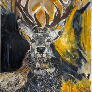Original wildlife acrylic painting of a deer with large antlers, created with thick impasto brushstrokes in shades of gold, black, and white by Monique Paré.