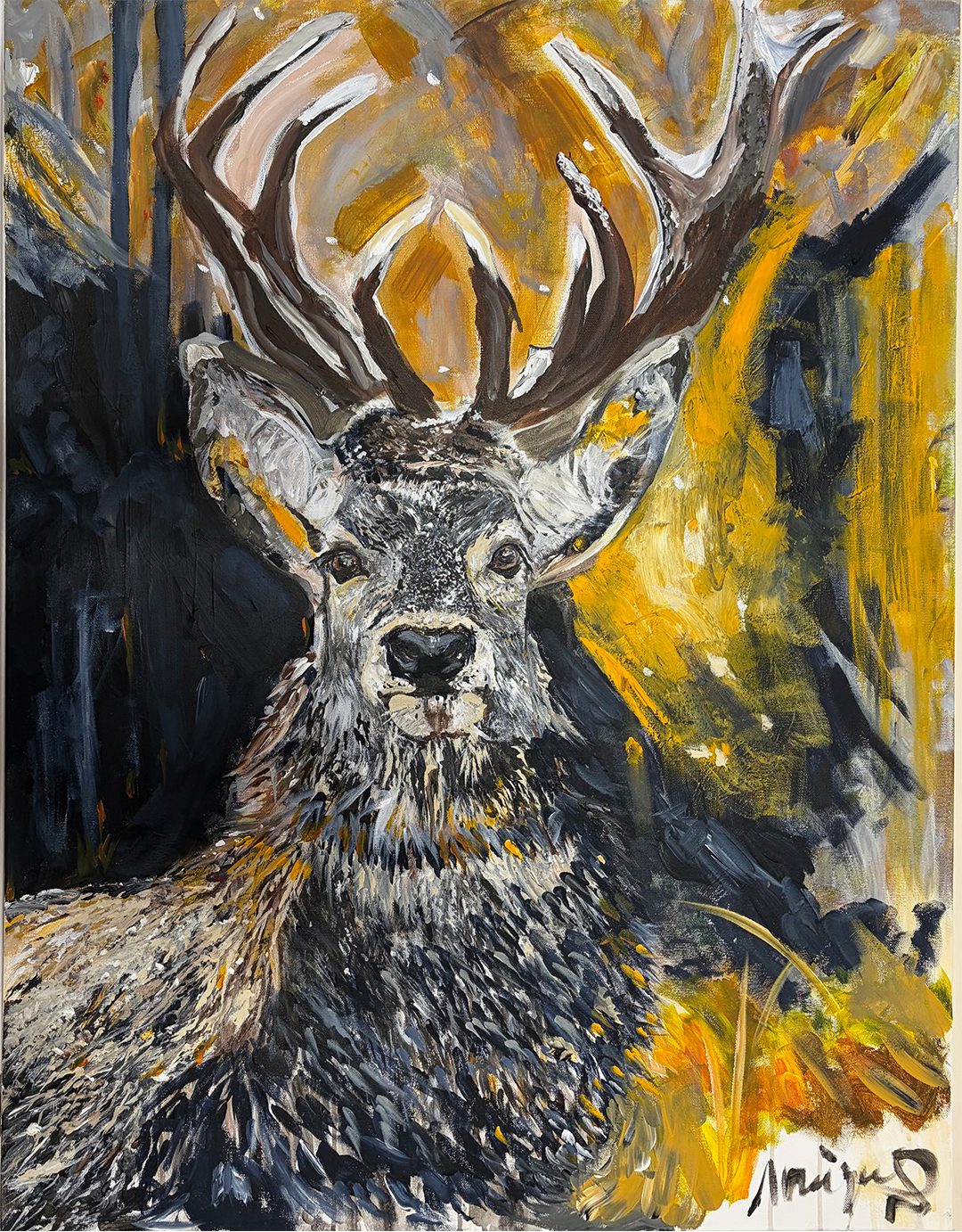 Original wildlife acrylic painting of a deer with large antlers, created with thick impasto brushstrokes in shades of gold, black, and white by Monique Paré.