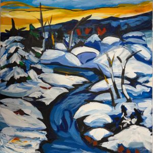 Original winter landscape acrylic painting of a blue river winding through snow-covered banks under a sunset sky by Monique Paré.