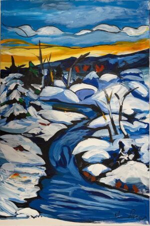 Original winter landscape acrylic painting of a blue river winding through snow-covered banks under a sunset sky by Monique Paré.