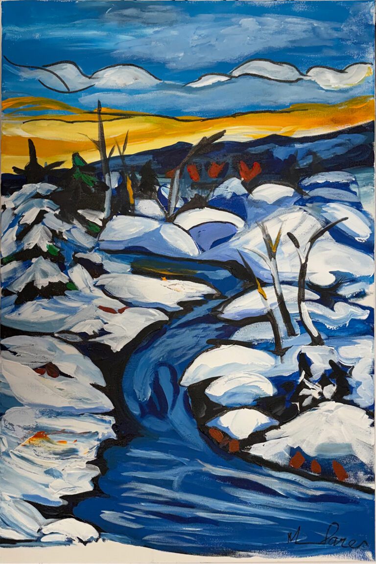 Original winter landscape acrylic painting of a blue river winding through snow-covered banks under a sunset sky by Monique Paré.