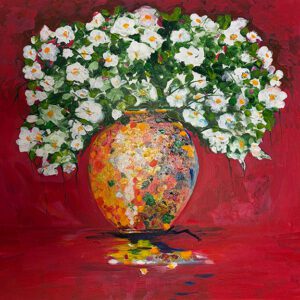Original floral acrylic artwork by Monique Paré featuring white flowers in a colorful mosaic-style vase against a deep crimson red background.