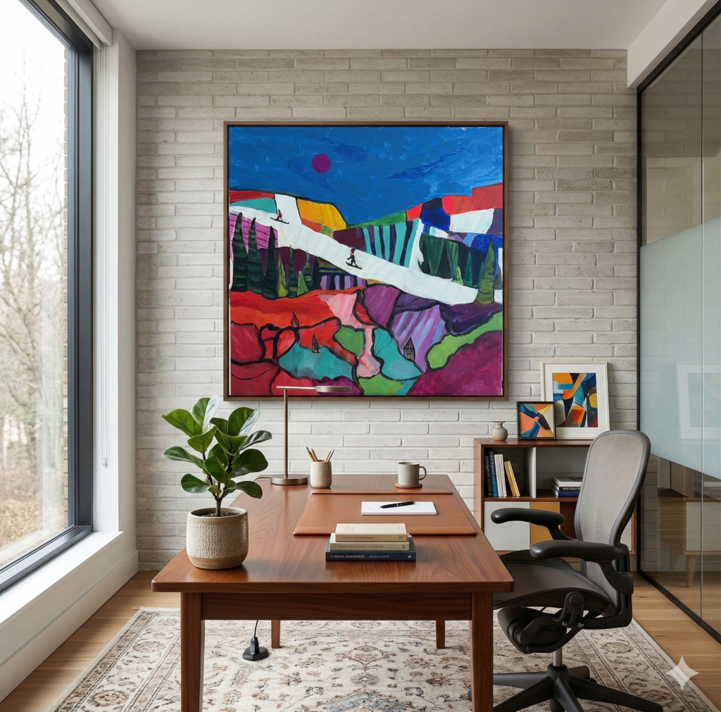 Vibrant abstract ski painting featuring a bright white slope with two skiers, surrounded by a patchwork landscape of bold pinks, purples, and teals under a deep blue sky with a magenta sun.