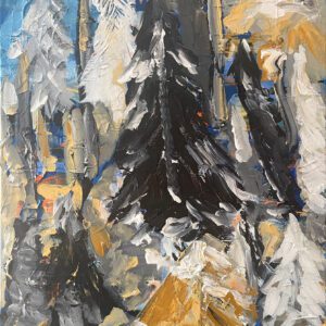 Abstract painting of pine trees with heavy texture in black, white, gold, and blue.