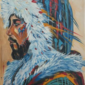Guardian of the North — expressive acrylic portrait of a warrior in white feathers by Monique Paré