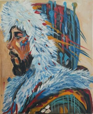 Guardian of the North — expressive acrylic portrait of a warrior in white feathers by Monique Paré