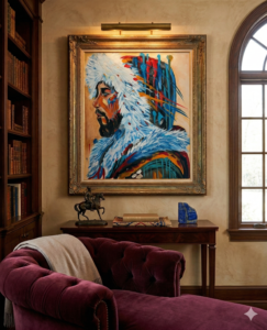 Expressive acrylic portrait of a bearded warrior in profile wearing a white feather headdress with teal, gold, and crimson brushwork, painted by Monique Paré