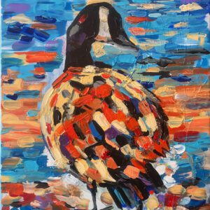 Colourful expressionist painting of a Canada goose with mosaic brushstrokes in red, orange, blue and gold by Canadian artist Monique Paré