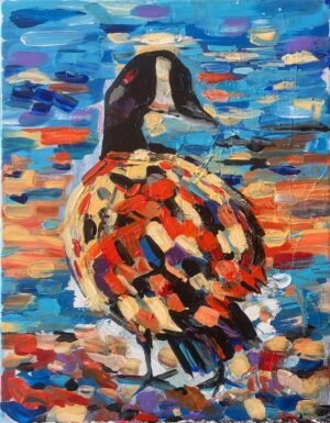 Colourful expressionist painting of a Canada goose with mosaic brushstrokes in red, orange, blue and gold by Canadian artist Monique Paré