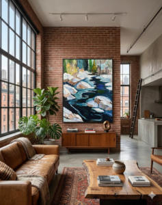 Large original acrylic painting of a dark winter river winding between snow-covered rocks and evergreen trees, displayed on a brick wall in a New York industrial loft, by Canadian artist Monique Paré