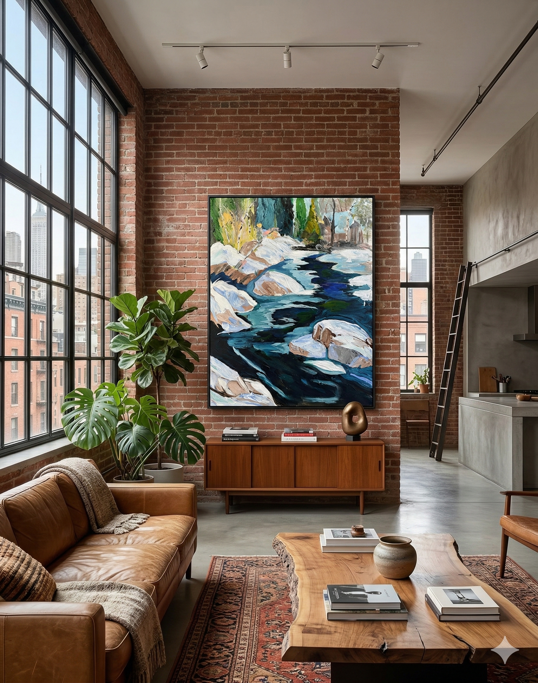 Large original acrylic painting of a dark winter river winding between snow-covered rocks and evergreen trees, displayed on a brick wall in a New York industrial loft, by Canadian artist Monique Paré