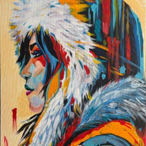 Original acrylic painting by Monique Paré depicting a woman in profile wearing a white fur parka with vibrant blue, yellow, and red abstract brushstrokes.