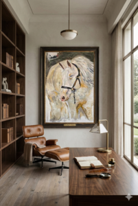 Expressive original acrylic portrait of a white and golden horse with a halter, painted in loose gestural brushwork in cream, gold and grey tones, displayed in an elegant home office, by Canadian artist Monique Paré