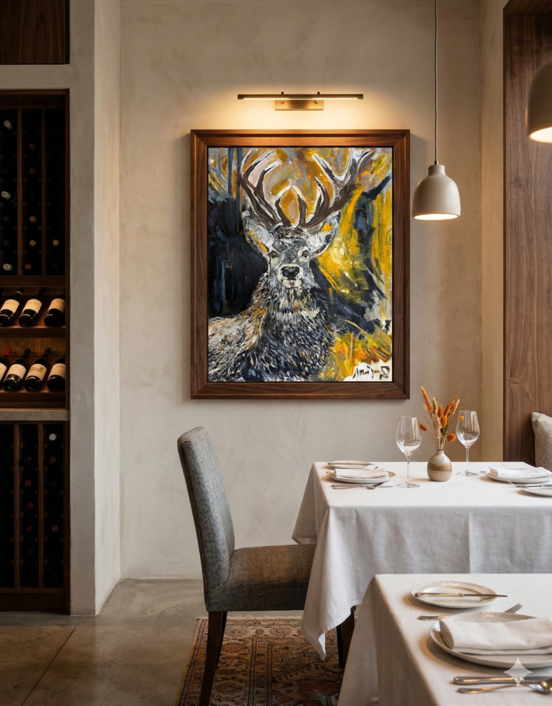 Bold expressive acrylic painting of a large stag with sweeping antlers emerging from a dark forest in gold, black and grey tones, displayed in an upscale restaurant dining room, by Canadian artist Monique Paré