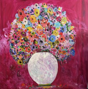 Vibrant original acrylic painting of an overflowing bouquet of colourful flowers in a round white vase against a deep magenta background, by Canadian artist Monique Paré