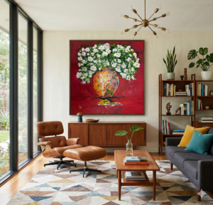 Original acrylic painting of white flowers in a colourful mosaic vase against a deep red background, displayed in a mid-century modern living room, by Canadian artist Monique Paré