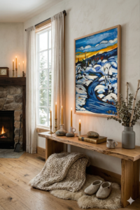 Vibrant original acrylic painting of a blue river winding through a snowy winter landscape under a bright sky with bold brushwork in blue, white, gold and orange, displayed in a warm Nordic-style interior, by Canadian artist Monique Paré