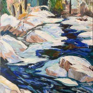 Original acrylic painting of a winter river flowing through snow-covered rocks and evergreen forest, 28 by 24 inches