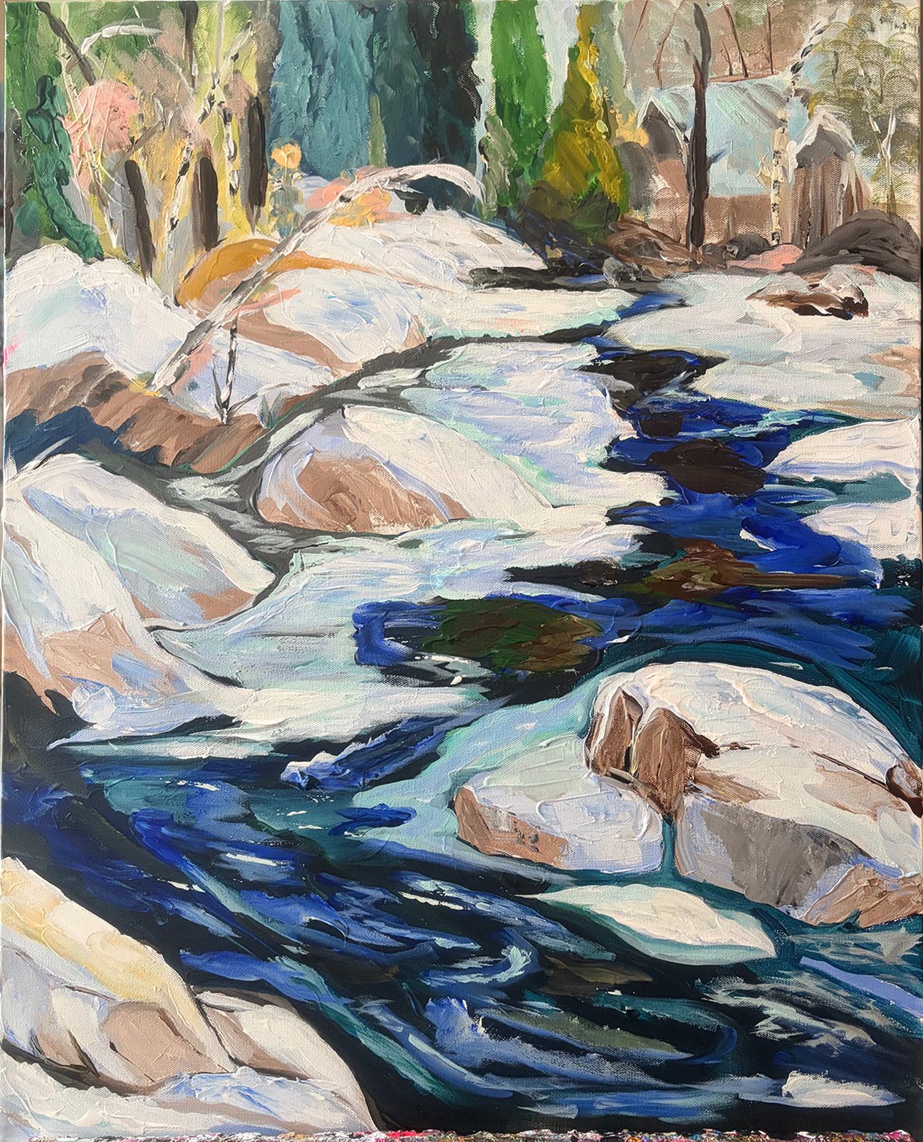 Original acrylic painting of a winter river flowing through snow-covered rocks and evergreen forest, 28 by 24 inches