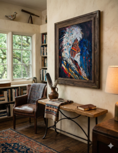 Expressive acrylic portrait of an Indigenous elder in a white feather headdress with ceremonial face paint, by Canadian artist Monique Paré