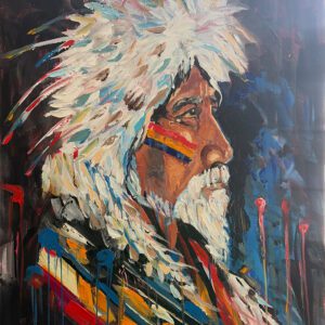 Expressive acrylic portrait of an Indigenous elder in a white feather headdress with ceremonial face paint, by Canadian artist Monique Paré