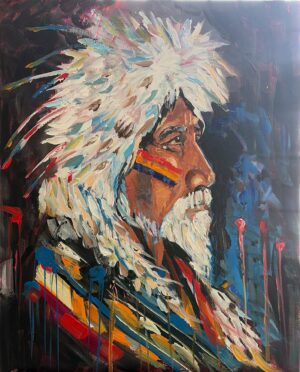 Expressive acrylic portrait of an Indigenous elder in a white feather headdress with ceremonial face paint, by Canadian artist Monique Paré