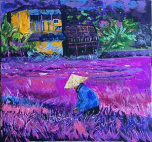 Colorful acrylic painting of a figure working in a vibrant field with a glowing house in the background