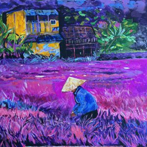 Colorful acrylic painting of a figure working in a vibrant field with a glowing house in the background