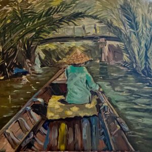 Original acrylic painting of a wooden boat moving through a lush tropical canal in Vietnam, seen from the bow, with a figure in a conical hat and turquoise shirt paddling forward beneath palm trees