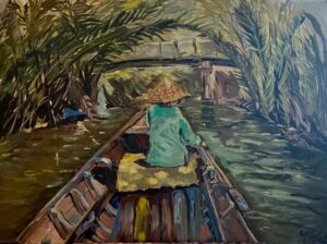 Original acrylic painting of a wooden boat moving through a lush tropical canal in Vietnam, seen from the bow, with a figure in a conical hat and turquoise shirt paddling forward beneath palm trees