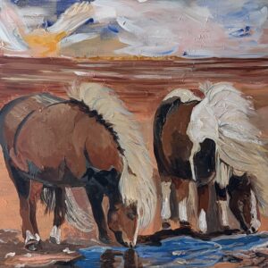 Original acrylic painting of two wild horses drinking at the water's edge at sunset, by Canadian artist Monique Paré, 36x36 inches