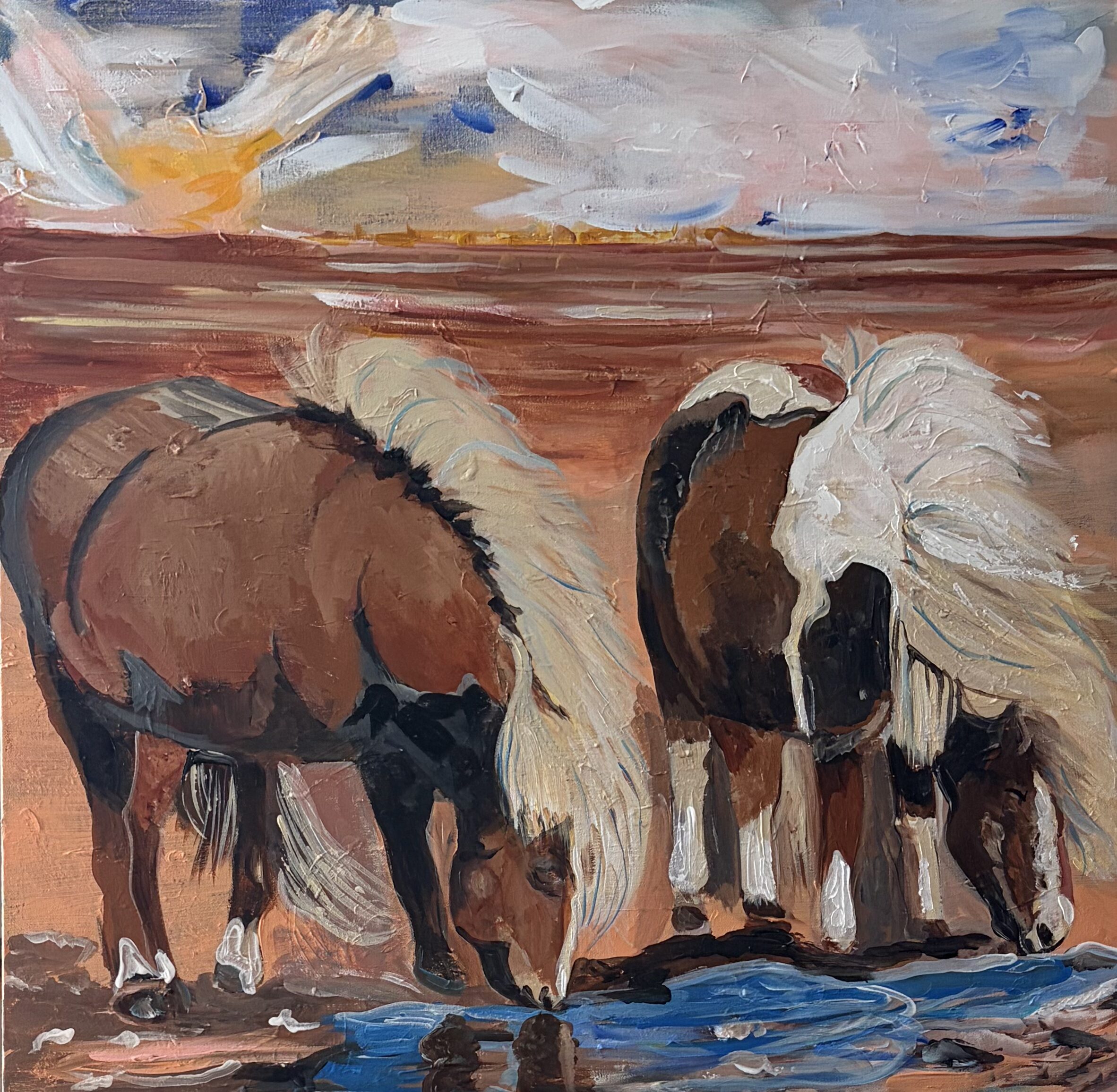 Original acrylic painting of two wild horses drinking at the water's edge at sunset, by Canadian artist Monique Paré, 36x36 inches