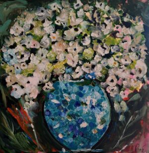 Original acrylic and oil painting of white and blush flowers in a round turquoise vase by Monique Paré, 36x36 inches