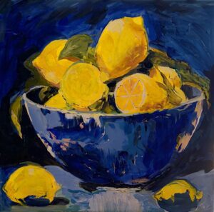 Original acrylic still life of lemons in a deep blue bowl by Monique Paré, 36x36 inches