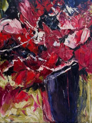 Original acrylic painting of crimson flowers in a tall dark vase by Monique Paré, 30x40 inches