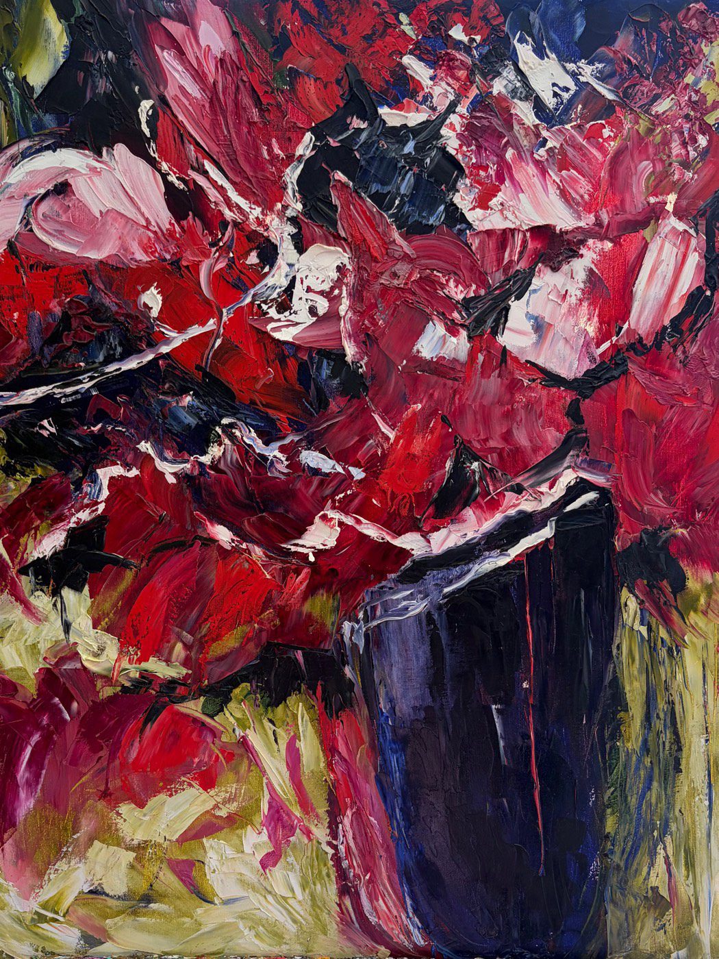 Original acrylic painting of crimson flowers in a tall dark vase by Monique Paré, 30x40 inches