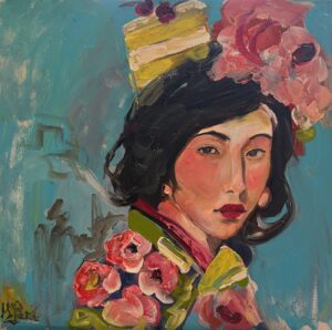 Original acrylic and oil portrait of a young woman with pink blossoms in her hair on a turquoise background by Monique Paré, 24x24 inches