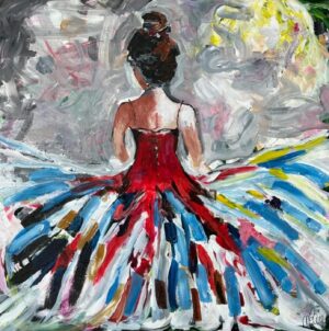 Original acrylic painting of a dancer seen from behind in a red bodice and swirling blue and white skirt by Monique Paré, 40x40 inches
