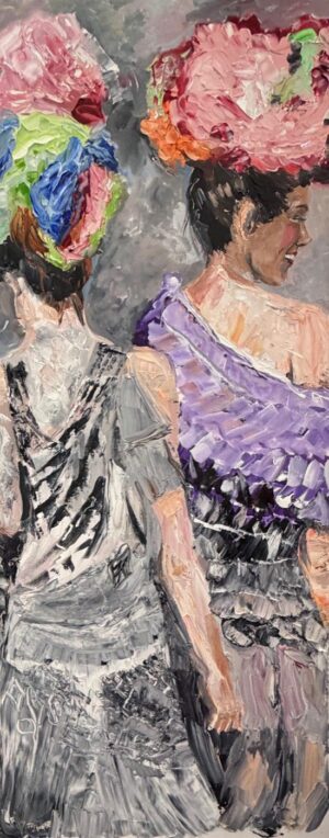 Original tall acrylic and oil painting of two women walking side by side with flowers in their hair by Monique Paré, 48x20 inches