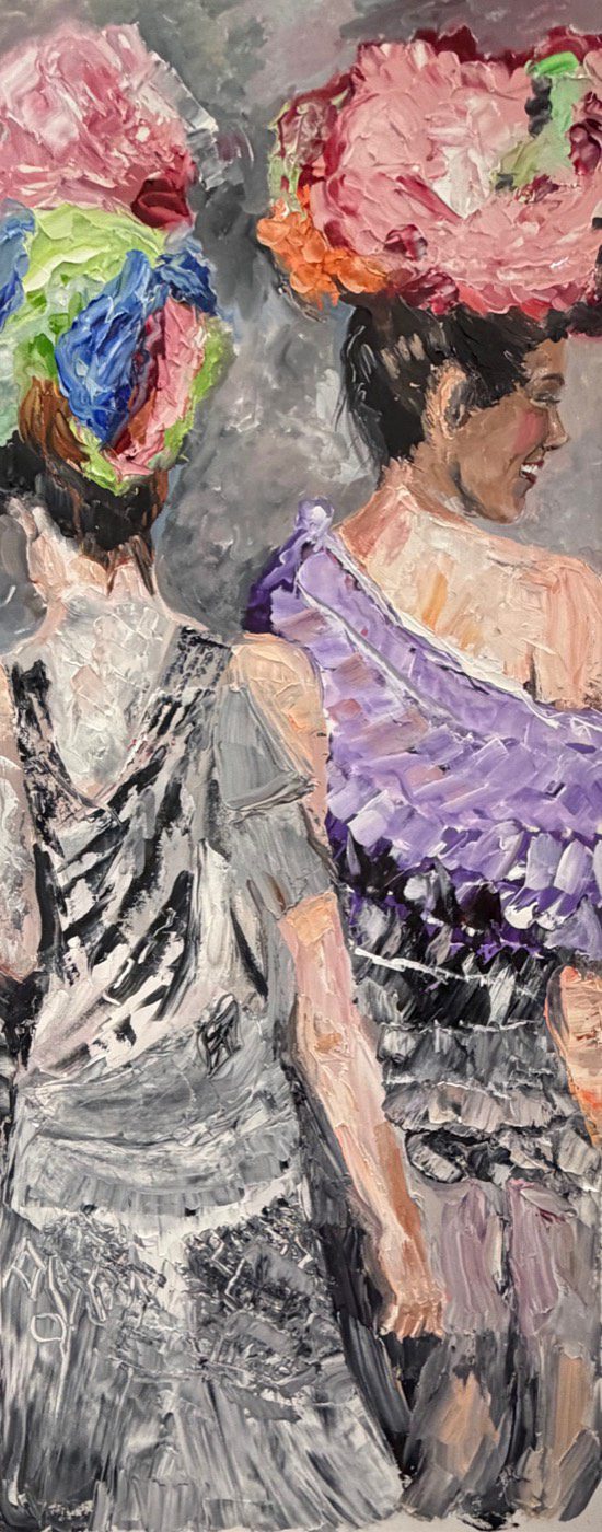 Original tall acrylic and oil painting of two women walking side by side with flowers in their hair by Monique Paré, 48x20 inches