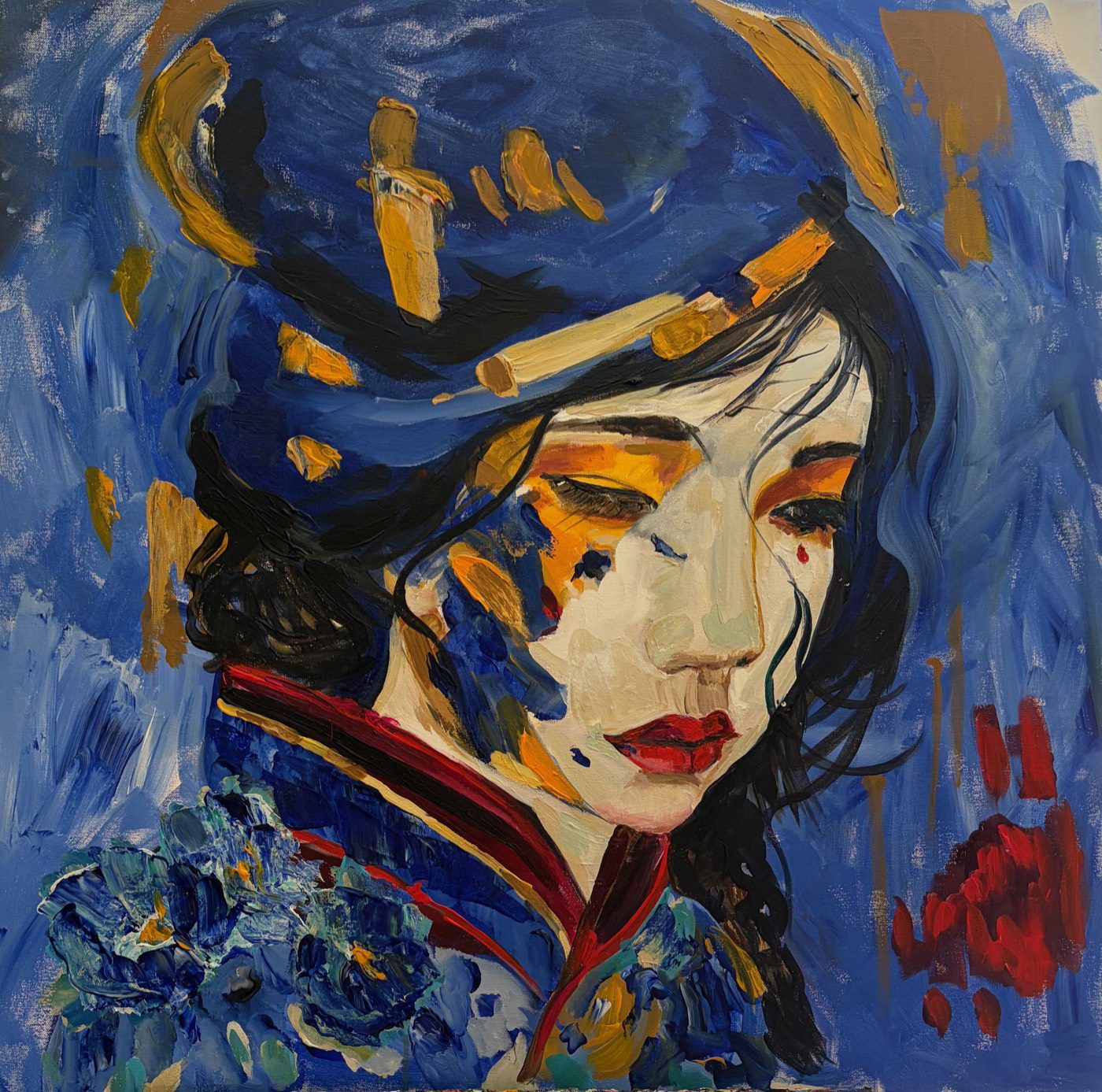 Original acrylic portrait of a woman in deep blue with gold strokes and red lips by Monique Paré, 36x36 inches
