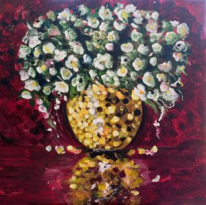Original acrylic painting of white flowers in a gold vase on a deep red background by Monique Paré, 36x36 inches